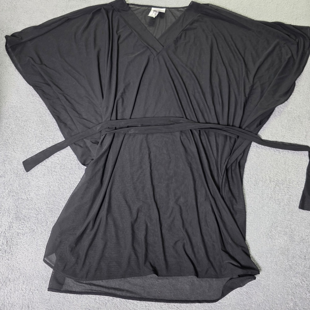 Christina Womens OS Swim Cover Up Black Sheer Mesh Kaftan V-Neck Tie Waist